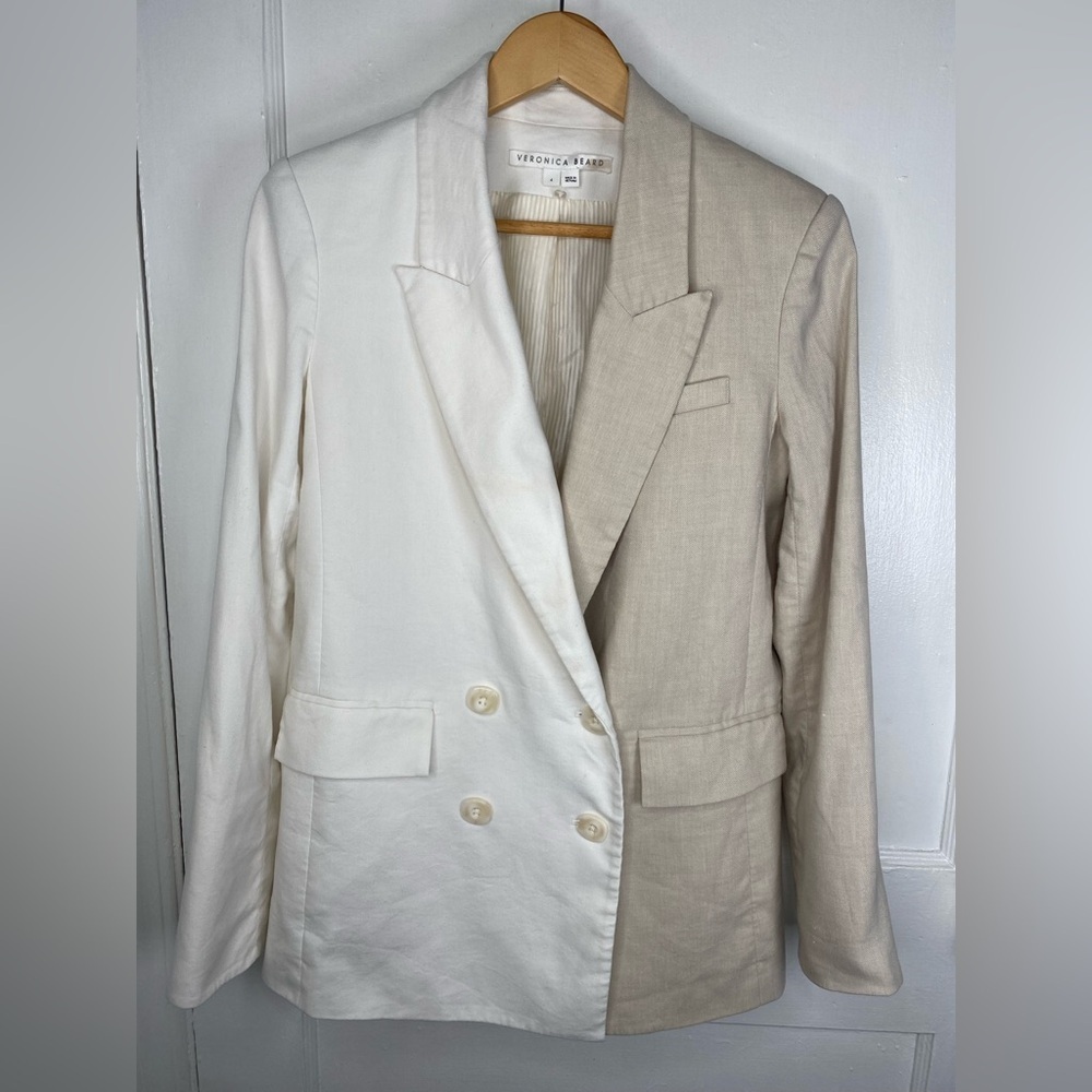 Veronica Beard Braeton Cream & Beige Double-Breasted Linen Dickey Blazer